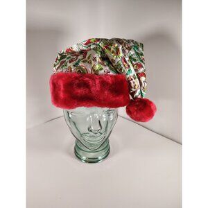 VTG Russ Berrie Paisley Satin quilted Santa hat Red faux fur trim pom pom Adult.